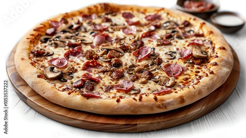 A large pizza with pepperoni, sausage, mushrooms, and cheese on a wooden cutting board.