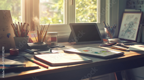 creative workspace with sketchbooks, art supplies, and tablet