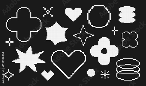 Set of abstract pixelated shape in Y2K vintage style. Background with white heart, stars, circle figure 8bit icons in trendy retro style