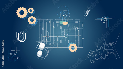 Electronic / Electric background with electrical symbols. Electronic Diagram: Capacitors, Resistors, Transistors, Diodes. Schematics and Diagrams of the Electric Circuit.