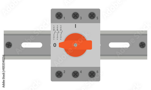 Disconnect switch mounted on a DIN rail. Modular 3 pole switch with red handle. Vector illustration in flat style