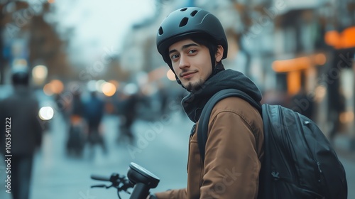 Man in a helmet stands on a city street.