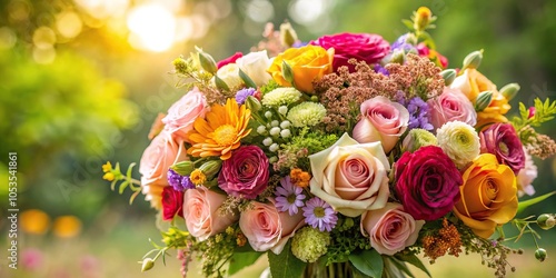 wildflower bouquet featuring roses and other flowers up close