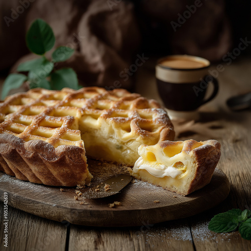 Italian lattice custard pie slice, dusted with sugar, perfect for an authentic dessert experience with coffee photo