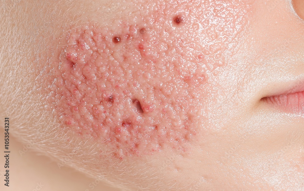 Fototapeta premium Close-up of acne on skin, emphasizing texture and skin irregularities.
