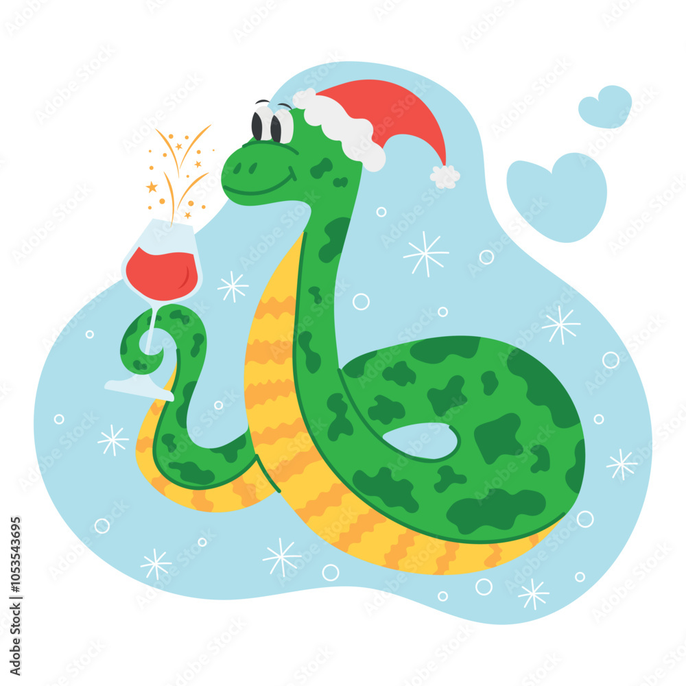 Obraz premium Cute cartoon snake holding a glass with red wine. Vector of the symbol of the new 2025 year