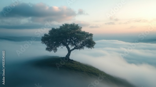 Misty morning fog swirling around a lone tree on a hilltop, 4K hyperrealistic photo