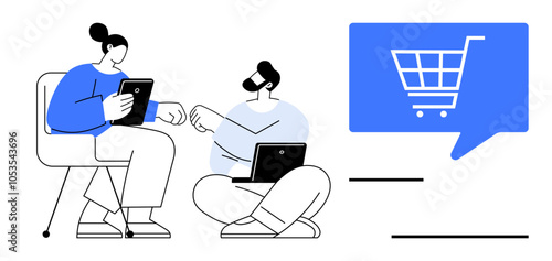 Two people using tablet and laptop discuss online shopping while seated beside a large blue shopping cart icon in a speech bubble. Ideal for online shopping, e-commerce, business discussion