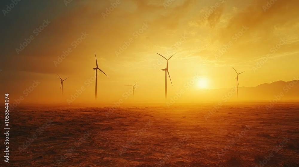 Obraz premium Wind turbines on a barren landscape.