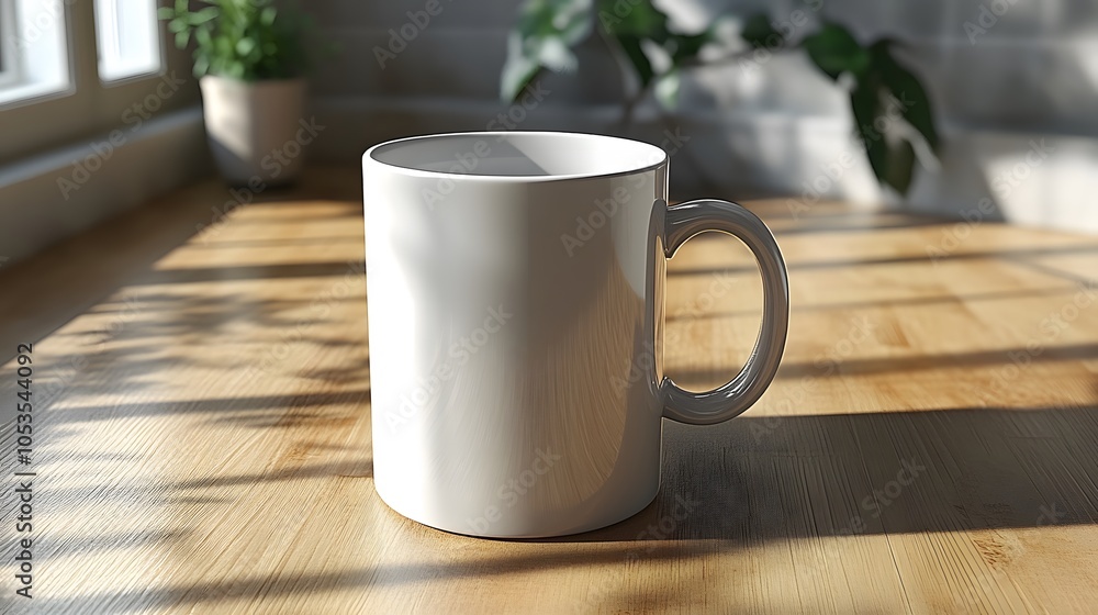 Fototapeta premium Bright Mug on Wooden Surface with Soft Shadows