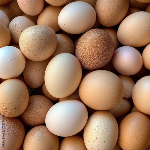 A collection of fresh brown and white eggs with diverse textures, perfect for illustrating farm produce or breakfast themes. photo