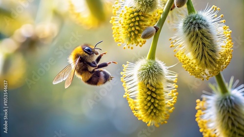 Willow earring with a bumblebee collecting nectar Low Angle photo