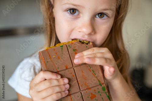 Photography Little girl eating Dubai chocolate with pistachio paste and kataifi dough