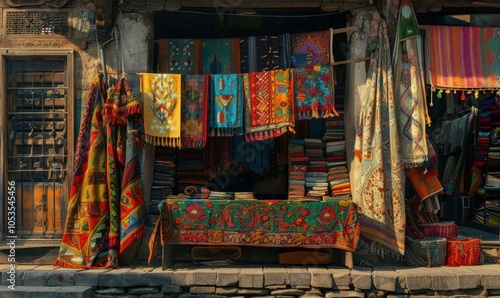 Textile vendor with intricate fabrics and patterns, cultural richness 4K hyperrealistic photo.