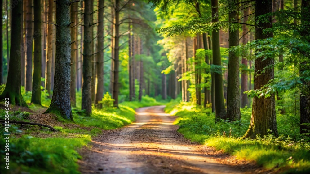 Fototapeta premium Winding forest path disappearing into trees with forest bokeh background
