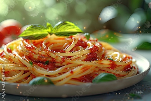 traditional Italian pasta dish with spaghetti, marinara sauce, and fresh basil