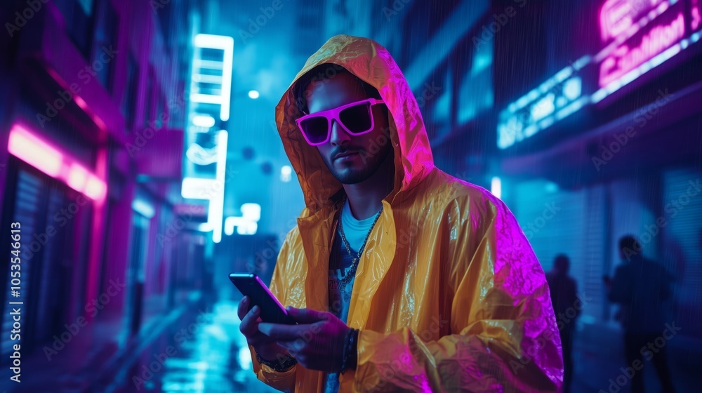 A man in a yellow raincoat is holding a cell phone A man in a yellow raincoat is holding a cell phone