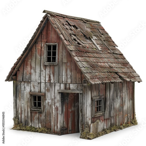 A weathered wooden shack with a dilapidated roof. photo