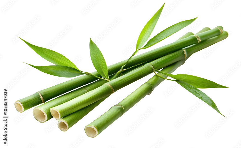 Fototapeta premium Fresh green bamboo stalks with leaves, isolated on transparent cutout background