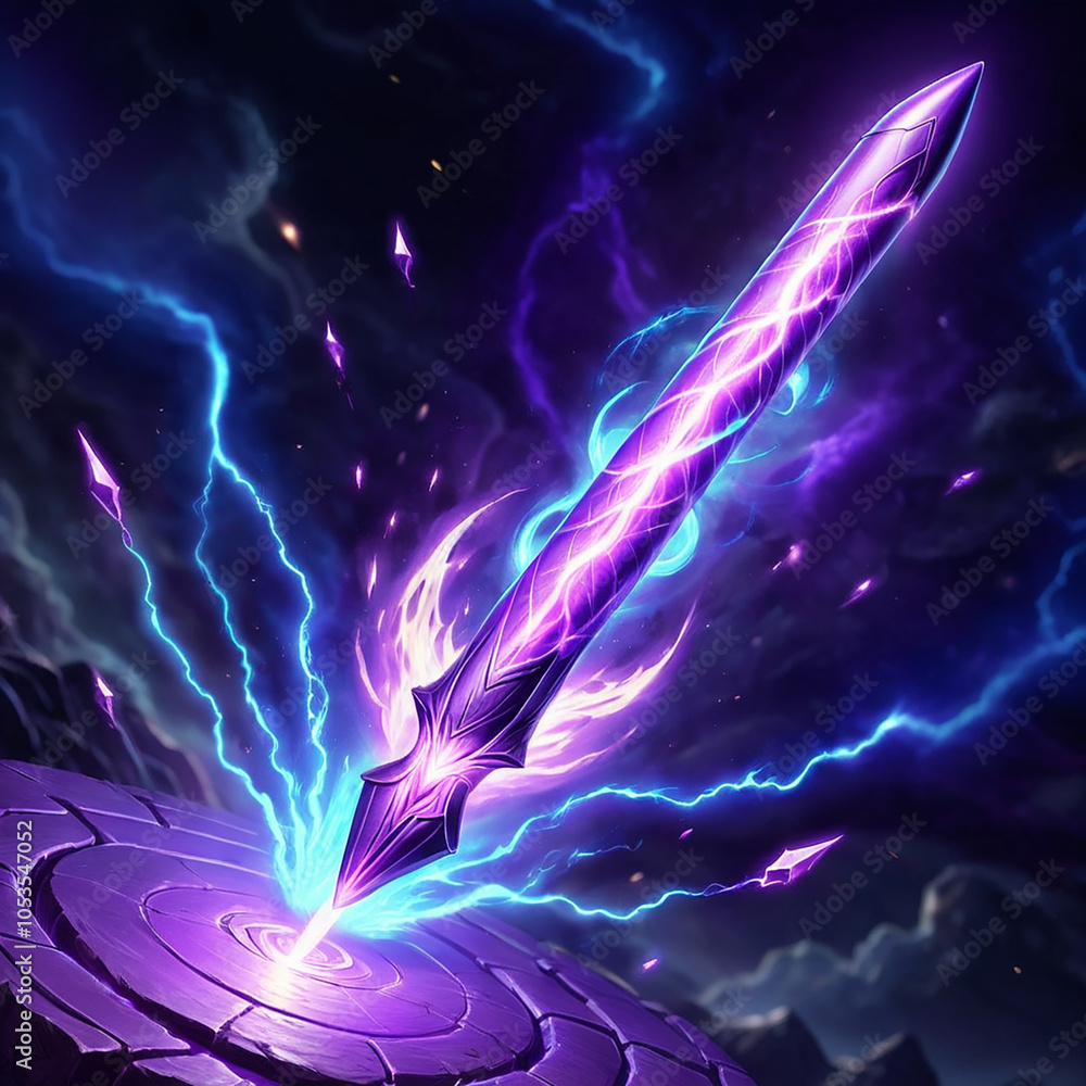 Obraz premium A glowing purple sword, imbued with electrical energy, pierces a circular stone platform. Purple and blue lightning emanates from the sword and stone.