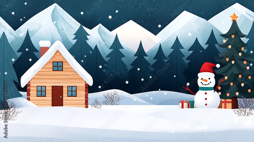 Cozy Winter Scene with Snowman and Christmas Tree Cozy Winter Scene with Snowman and Christmas Tree
