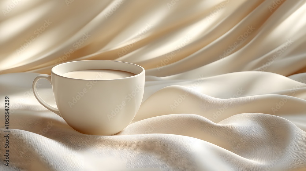 Elegant Coffee Cup on Soft Creamy Fabric Background Elegant Coffee Cup on Soft Creamy Fabric Background