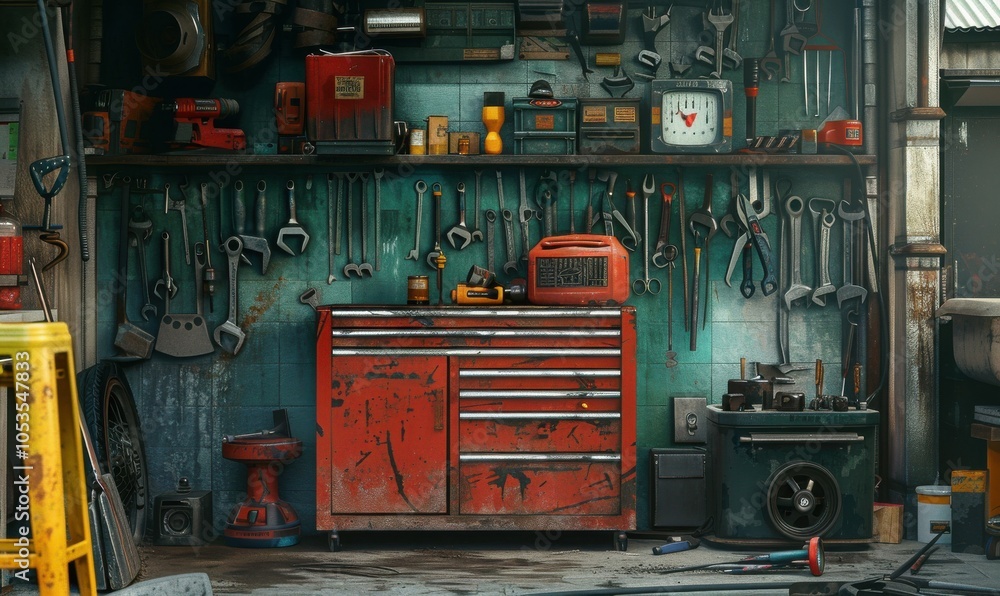 Toolbox in the garage, 4K hyperrealistic photo Toolbox in the garage, 4K hyperrealistic photo