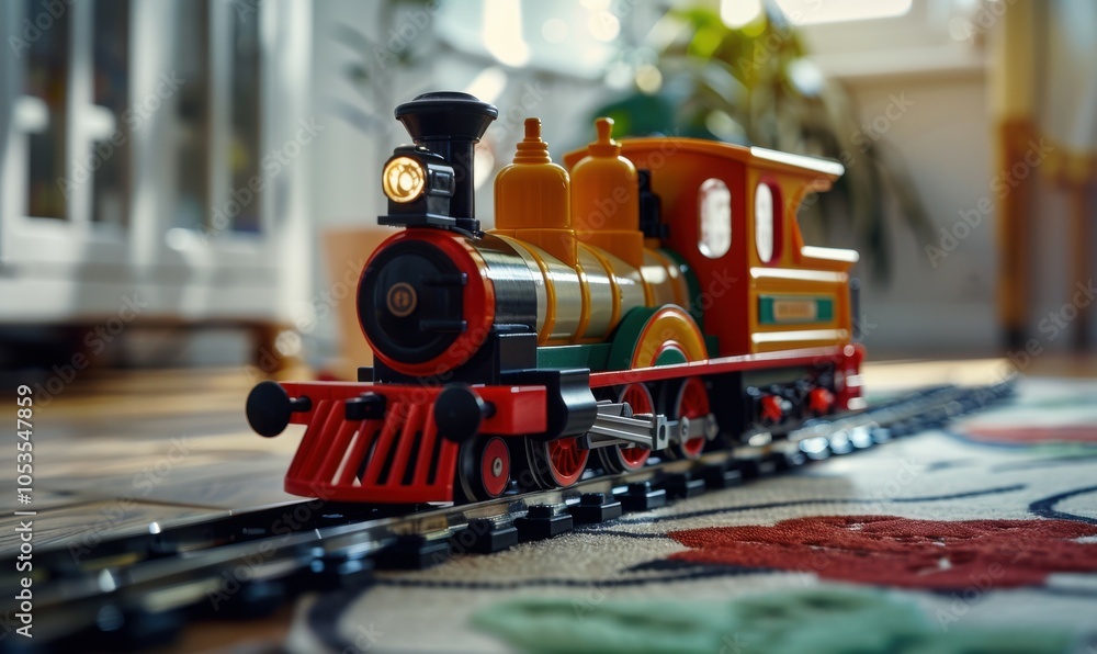 Toy train on the playroom floor, 4K hyperrealistic photo Toy train on the playroom floor, 4K hyperrealistic photo