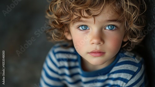 Young French boy with curly hair and a striped shirt.