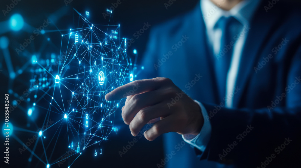 A business professional interacts with a digital network display projecting data connections and technology insights in an office setting A business professional interacts with a digital network display projecting data connections and technology insights in an office setting