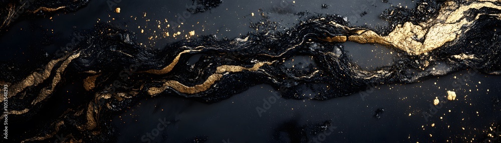Naklejka premium Abstract Black and Gold Swirls with Scattered Specks
