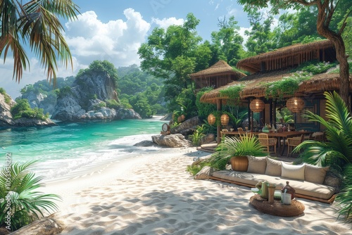 A traditional tiki bar with thatched roof, bamboo furniture, and exotic cocktails on a beach. photo