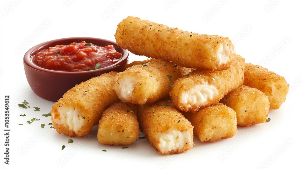 Crispy cheese sticks served with marinara sauce, isolated on a white background. Crispy cheese sticks served with marinara sauce, isolated on a white background.
