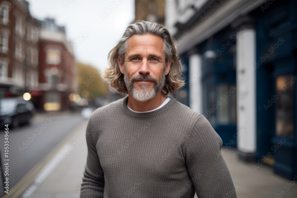 Handsome middle-aged man with grey hair and beard in the city Handsome middle-aged man with grey hair and beard in the city