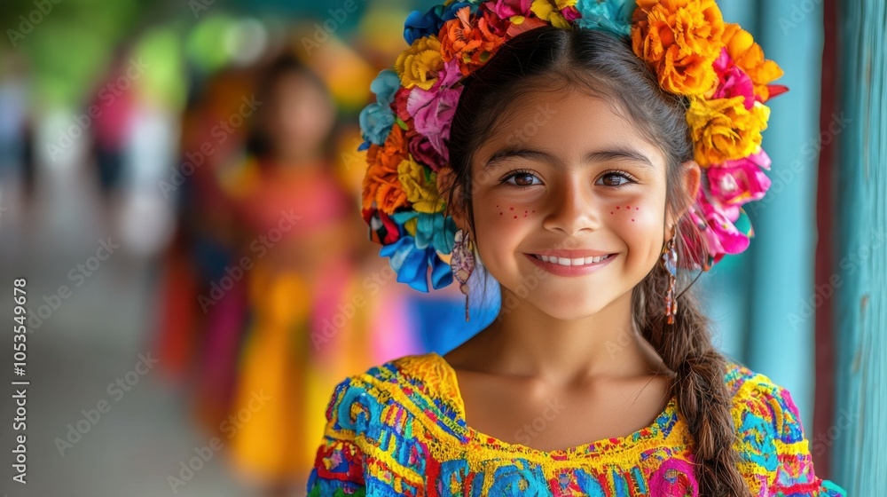 Young Mexican girl with a colorful dress and a joyful smile. Young Mexican girl with a colorful dress and a joyful smile.