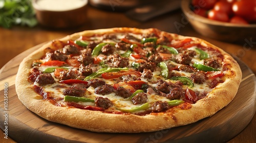 Delicious beef and green pepper pizza served on a wooden board, garnished with fresh ingredients.