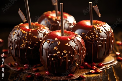 eat apple candy sticks christmas, red apple with chocolate nuts photo