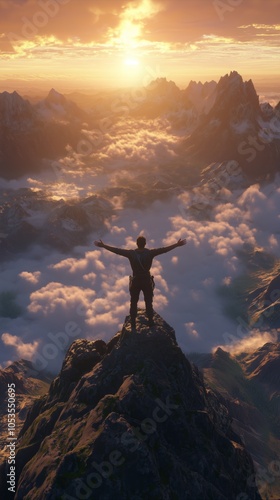 sunrise view of man on mountain peak arms outstretched conveying power and mystery