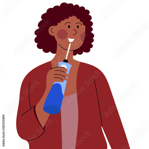 A dark skin woman is cleaning teeth by oral irrigator or water flosser. Dental care and hygiene concept.
