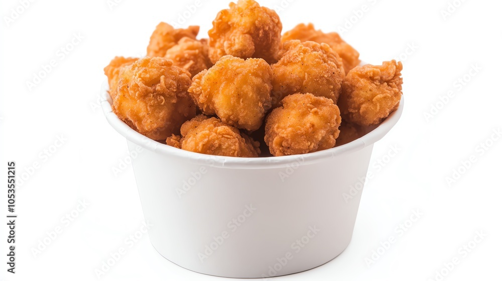 Delicious crispy chicken pieces in a white cup on a white background. Delicious crispy chicken pieces in a white cup on a white background.
