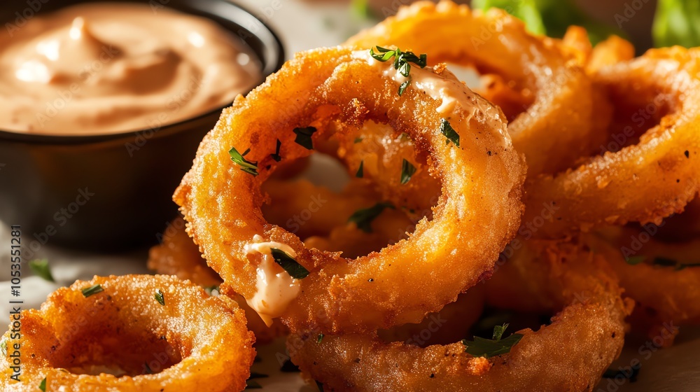 Delicious crispy onion rings served with a dipping sauce on a rustic table. Delicious crispy onion rings served with a dipping sauce on a rustic table.
