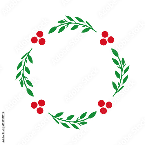 Tiempo de Navidad. Logo con corona navideña circular de hojas y bayas de muérdago o acebo para tarjetas y felicitaciones