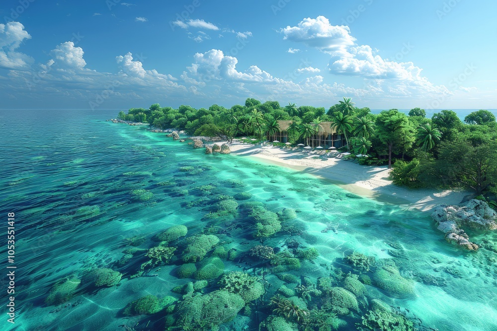 A tranquil tropical serene beach waterfall natural surrounded by lush greenery and vibrant A tranquil tropical serene beach waterfall natural surrounded by lush greenery and vibrant