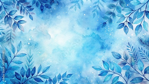 Winter aesthetic blue watercolor leaves background viewed from a low angle