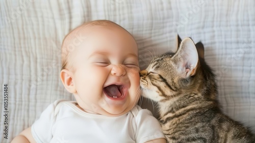 A joyful baby laughs heartily while a kitten affectionately nuzzles against them, capturing a moment of pure happiness and innocence. photo