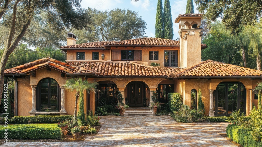 Obraz premium Tuscan-inspired villa with a tiled roof and wrought iron accents.
