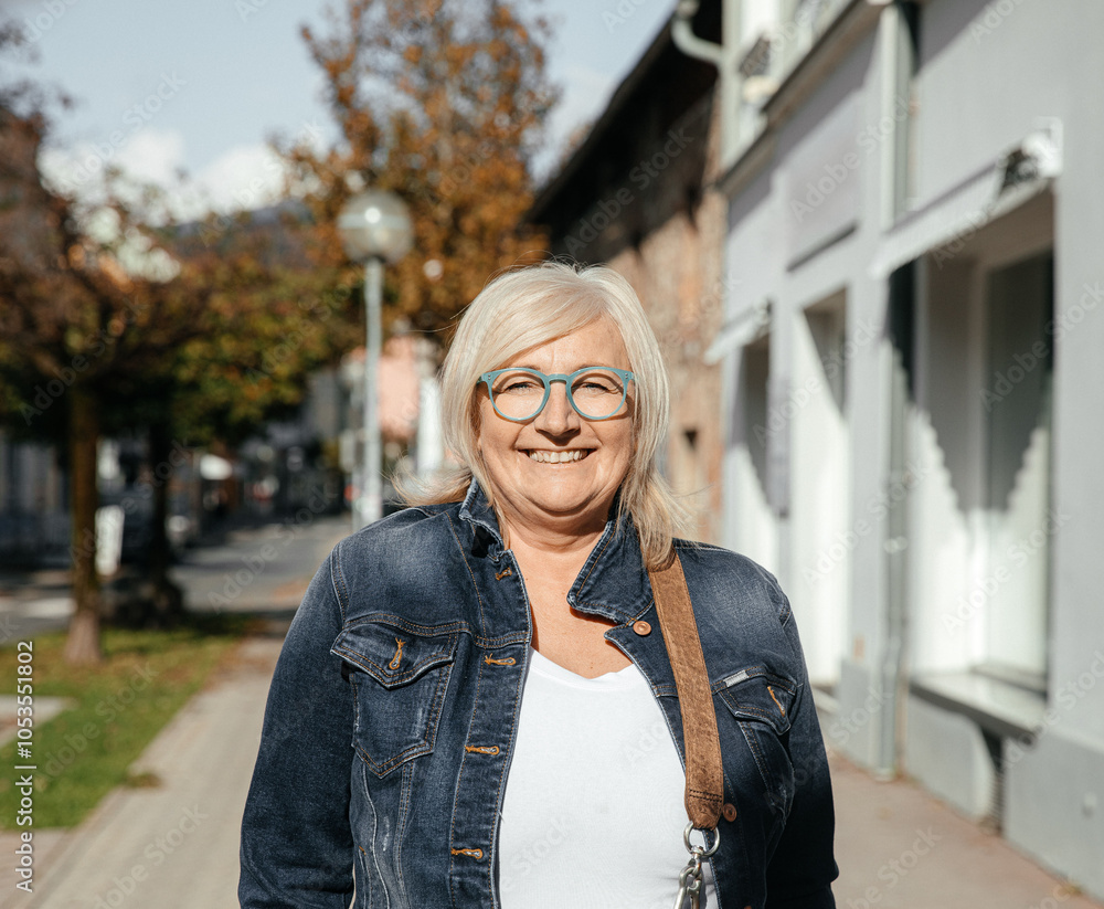 Confident senior woman smiling outdoors in urban neighborhood Confident senior woman smiling outdoors in urban neighborhood