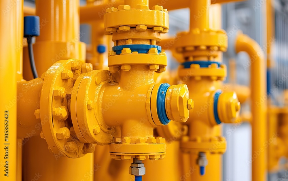 Bright yellow industrial valves and pipes create a striking visual, showcasing a modern pipeline system used for fluid transport in an industrial setting. Bright yellow industrial valves and pipes create a striking visual, showcasing a modern pipeline system used for fluid transport in an industrial setting.
