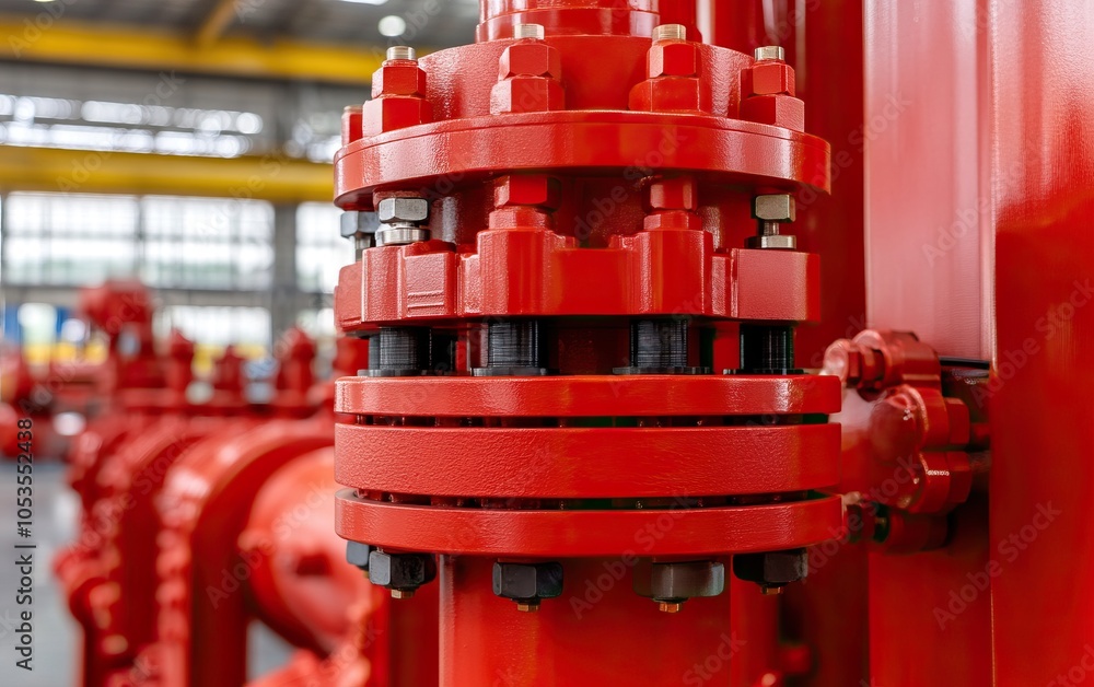 A close-up view of a red valve and piping system, showcasing intricate details and industrial design typical in manufacturing environments.