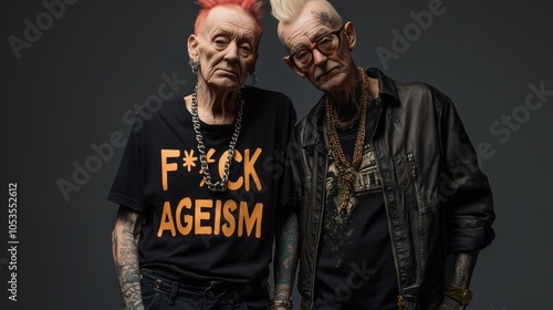 Two senior punk rock enthusiasts challenge age norms with bold style, tattoos, and rebellious attitude in striking portrait. photo